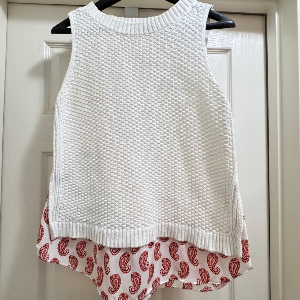 LOFT White Textured Knit Top with Red Paisley Hem